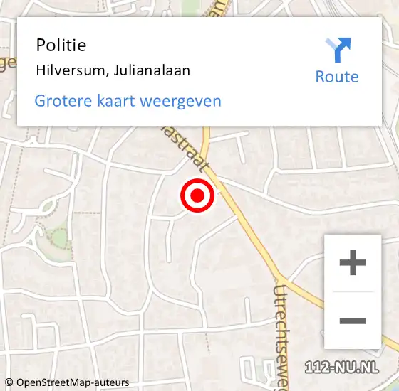 Locatie op kaart van de 112 melding: Politie Hilversum, Julianalaan op 7 september 2022 16:23