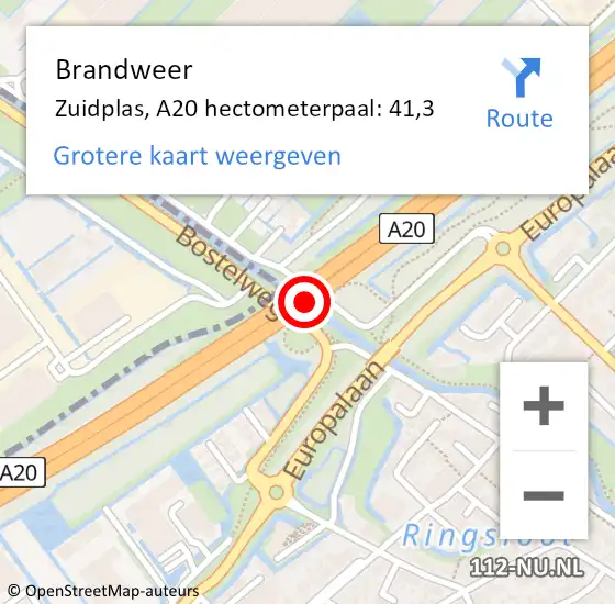 Locatie op kaart van de 112 melding: Brandweer Zuidplas, A20 hectometerpaal: 41,3 op 7 september 2022 16:32