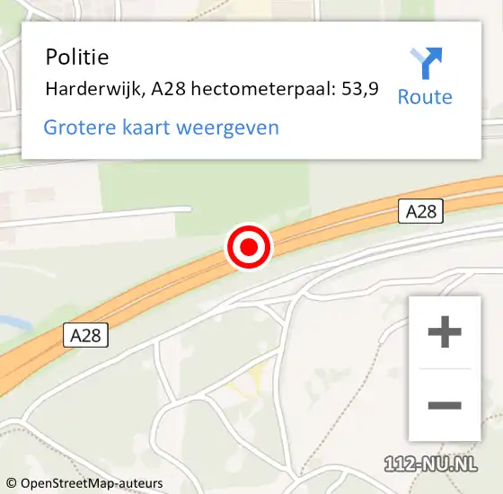 Locatie op kaart van de 112 melding: Politie Harderwijk, A28 hectometerpaal: 53,9 op 7 september 2022 16:48
