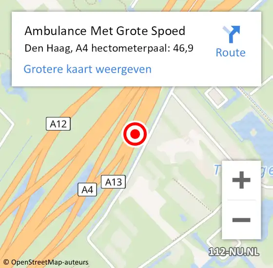 Locatie op kaart van de 112 melding: Ambulance Met Grote Spoed Naar Den Haag, A4 hectometerpaal: 46,9 op 7 september 2022 17:03