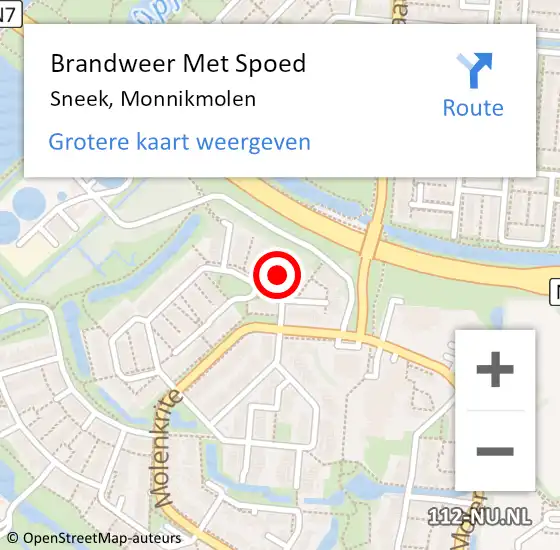 Locatie op kaart van de 112 melding: Brandweer Met Spoed Naar Sneek, Monnikmolen op 7 september 2022 17:27