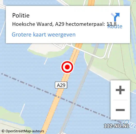 Locatie op kaart van de 112 melding: Politie Hoeksche Waard, A29 hectometerpaal: 13,8 op 7 september 2022 18:22