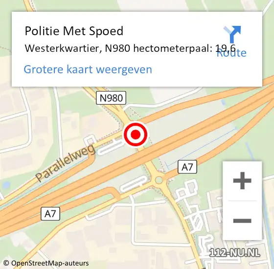 Locatie op kaart van de 112 melding: Politie Met Spoed Naar Westerkwartier, N980 hectometerpaal: 19,6 op 7 september 2022 20:25