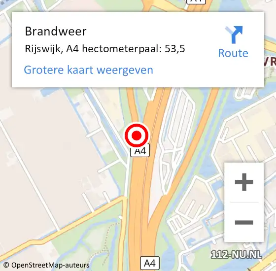 Locatie op kaart van de 112 melding: Brandweer Rijswijk, A4 hectometerpaal: 53,5 op 7 september 2022 22:43
