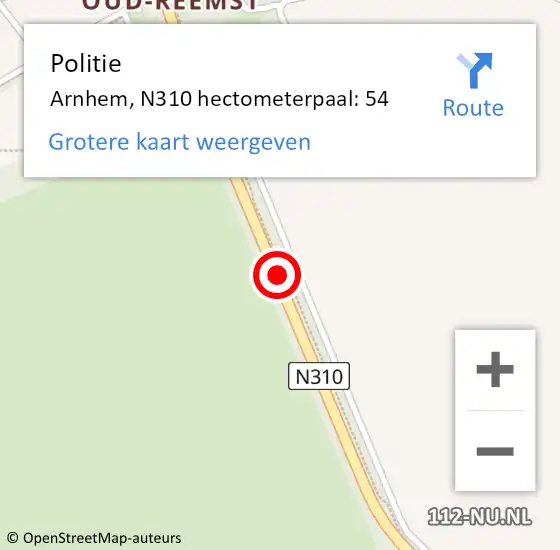 Locatie op kaart van de 112 melding: Politie Arnhem, N310 hectometerpaal: 54 op 8 september 2022 06:07