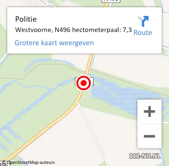 Locatie op kaart van de 112 melding: Politie Westvoorne, N496 hectometerpaal: 7,3 op 8 september 2022 07:17