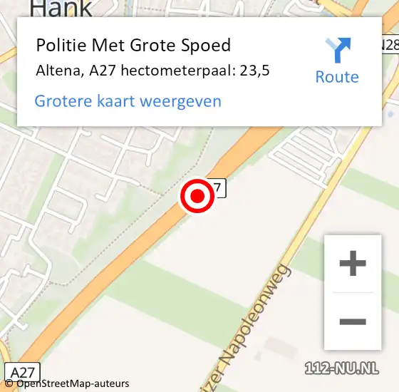 Locatie op kaart van de 112 melding: Politie Met Grote Spoed Naar Altena, A27 hectometerpaal: 23,5 op 8 september 2022 07:18