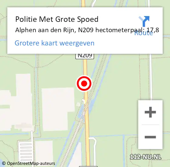 Locatie op kaart van de 112 melding: Politie Met Grote Spoed Naar Alphen aan den Rijn, N209 hectometerpaal: 17,8 op 8 september 2022 08:43