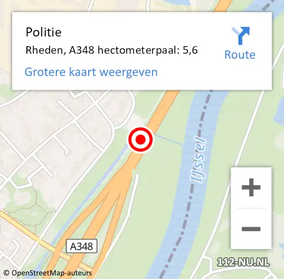 Locatie op kaart van de 112 melding: Politie Rheden, A348 hectometerpaal: 5,6 op 8 september 2022 08:44