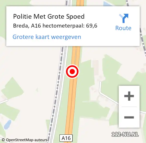 Locatie op kaart van de 112 melding: Politie Met Grote Spoed Naar Breda, A16 hectometerpaal: 69,6 op 8 september 2022 09:25