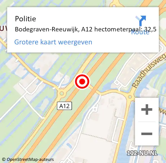 Locatie op kaart van de 112 melding: Politie Bodegraven-Reeuwijk, A12 hectometerpaal: 32,5 op 8 september 2022 09:34