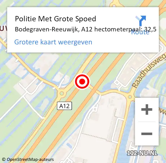 Locatie op kaart van de 112 melding: Politie Met Grote Spoed Naar Bodegraven-Reeuwijk, A12 hectometerpaal: 32,5 op 8 september 2022 09:36