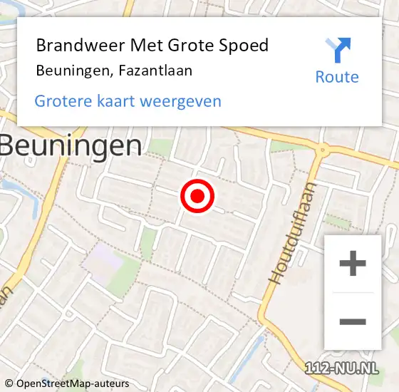 Locatie op kaart van de 112 melding: Brandweer Met Grote Spoed Naar Beuningen, Fazantlaan op 8 september 2022 11:52