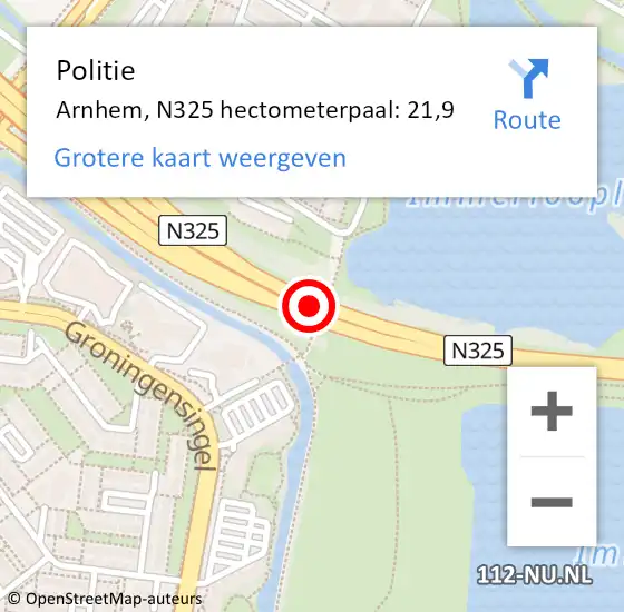 Locatie op kaart van de 112 melding: Politie Arnhem, N325 hectometerpaal: 21,9 op 8 september 2022 12:52
