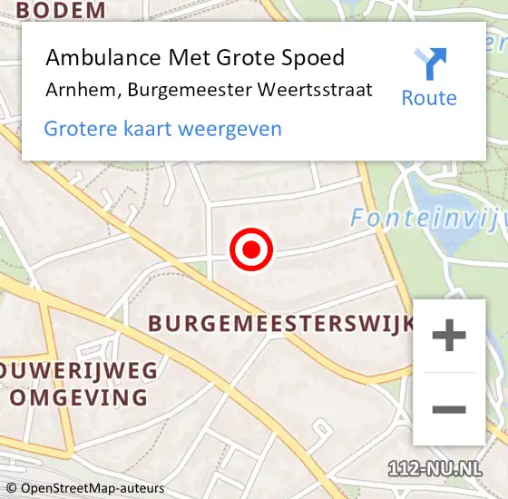 Locatie op kaart van de 112 melding: Ambulance Met Grote Spoed Naar Arnhem, Burgemeester Weertsstraat op 8 september 2022 14:56