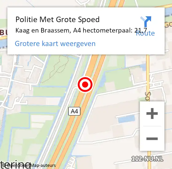 Locatie op kaart van de 112 melding: Politie Met Grote Spoed Naar Kaag en Braassem, A4 hectometerpaal: 21,7 op 8 september 2022 15:25