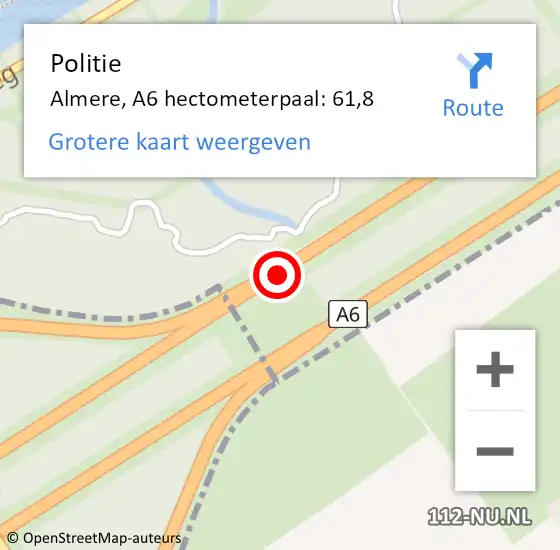 Locatie op kaart van de 112 melding: Politie Almere, A6 hectometerpaal: 61,8 op 8 september 2022 16:57