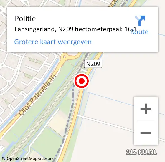 Locatie op kaart van de 112 melding: Politie Lansingerland, N209 hectometerpaal: 16,1 op 8 september 2022 17:50