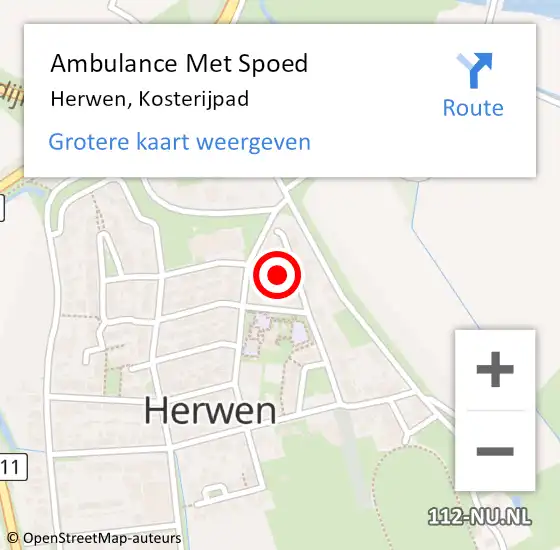 Locatie op kaart van de 112 melding: Ambulance Met Spoed Naar Herwen, Kosterijpad op 8 september 2022 18:23