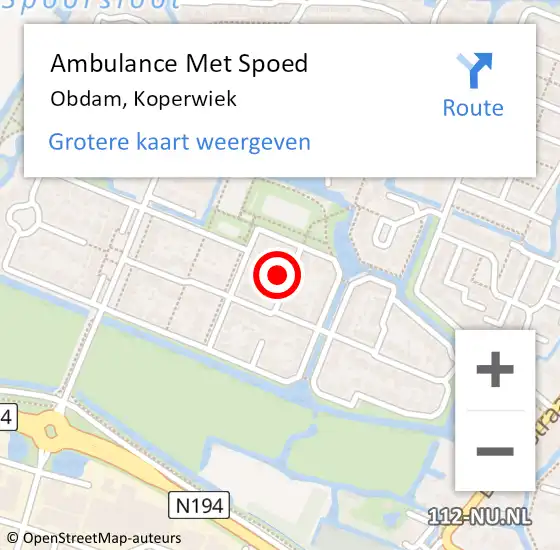 Locatie op kaart van de 112 melding: Ambulance Met Spoed Naar Obdam, Koperwiek op 28 juli 2014 18:39
