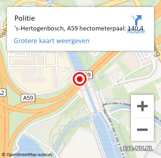 Locatie op kaart van de 112 melding: Politie 's-Hertogenbosch, A59 hectometerpaal: 140,4 op 8 september 2022 20:36