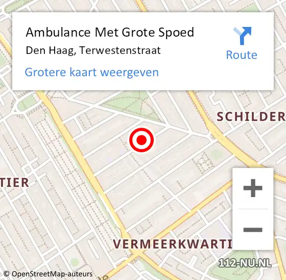 Locatie op kaart van de 112 melding: Ambulance Met Grote Spoed Naar Den Haag, Terwestenstraat op 8 september 2022 21:43