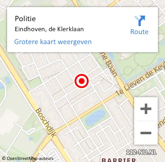 Locatie op kaart van de 112 melding: Politie Eindhoven, de Klerklaan op 8 september 2022 22:11