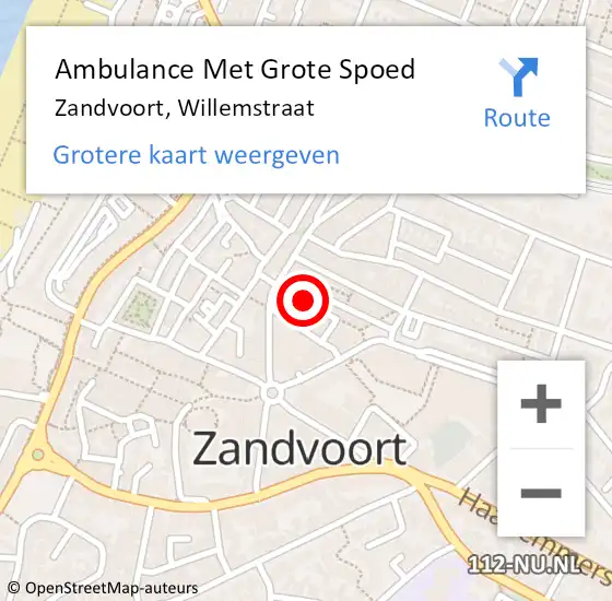 Locatie op kaart van de 112 melding: Ambulance Met Grote Spoed Naar Zandvoort, Willemstraat op 8 september 2022 22:17