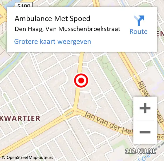 Locatie op kaart van de 112 melding: Ambulance Met Spoed Naar Den Haag, Van Musschenbroekstraat op 8 september 2022 22:18