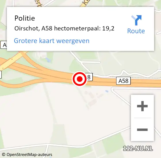 Locatie op kaart van de 112 melding: Politie Oirschot, A58 hectometerpaal: 19,2 op 8 september 2022 23:18