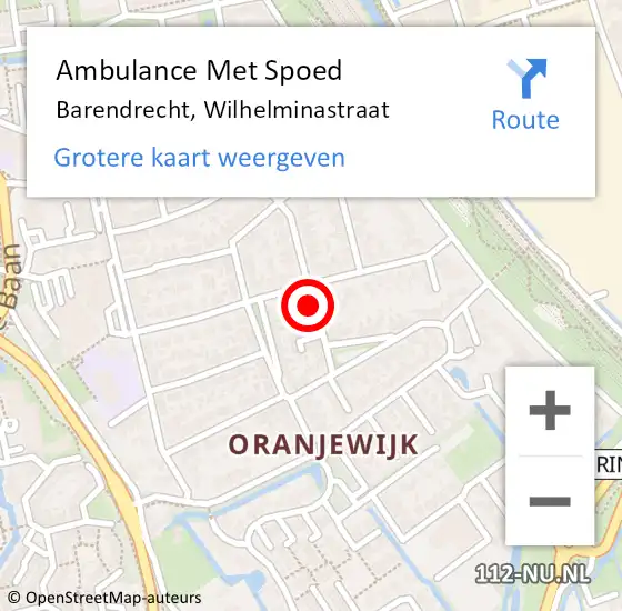 Locatie op kaart van de 112 melding: Ambulance Met Spoed Naar Barendrecht, Wilhelminastraat op 9 september 2022 01:37