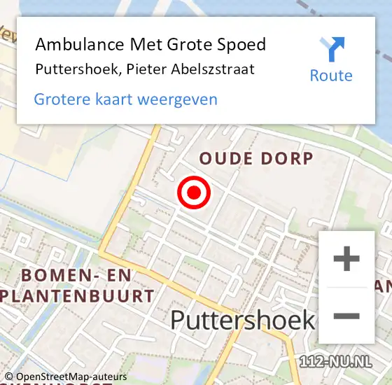 Locatie op kaart van de 112 melding: Ambulance Met Grote Spoed Naar Puttershoek, Pieter Abelszstraat op 9 september 2022 02:49