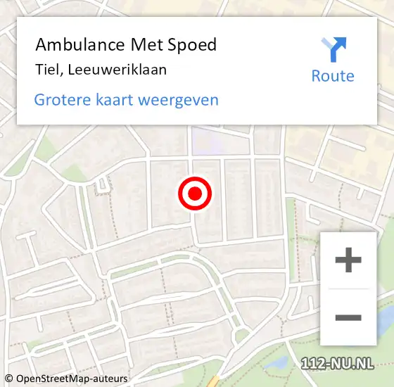 Locatie op kaart van de 112 melding: Ambulance Met Spoed Naar Tiel, Leeuweriklaan op 9 september 2022 05:01