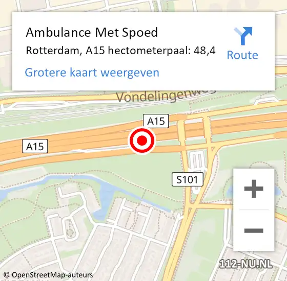 Locatie op kaart van de 112 melding: Ambulance Met Spoed Naar Rotterdam, A15 hectometerpaal: 48,4 op 9 september 2022 05:57