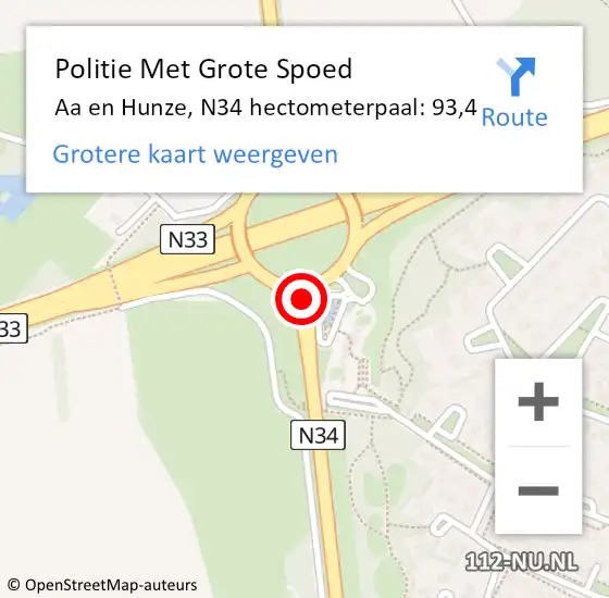 Locatie op kaart van de 112 melding: Politie Met Grote Spoed Naar Aa en Hunze, N34 hectometerpaal: 93,4 op 9 september 2022 07:27