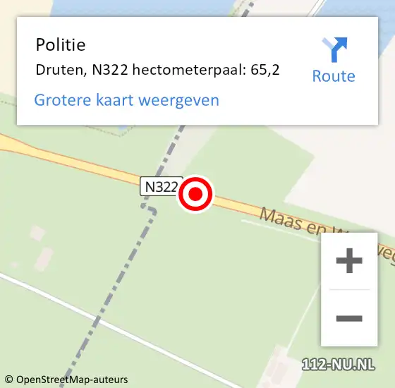 Locatie op kaart van de 112 melding: Politie Druten, N322 hectometerpaal: 65,2 op 9 september 2022 07:43