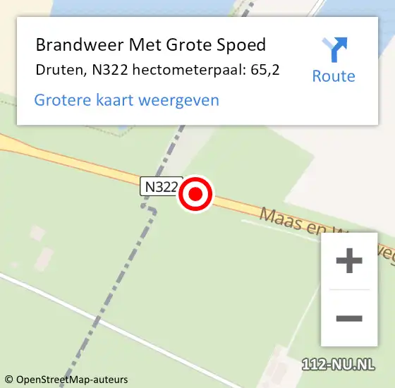 Locatie op kaart van de 112 melding: Brandweer Met Grote Spoed Naar Druten, N322 hectometerpaal: 65,2 op 9 september 2022 07:43