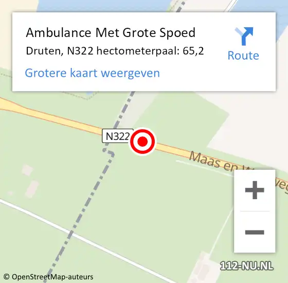 Locatie op kaart van de 112 melding: Ambulance Met Grote Spoed Naar Druten, N322 hectometerpaal: 65,2 op 9 september 2022 07:43