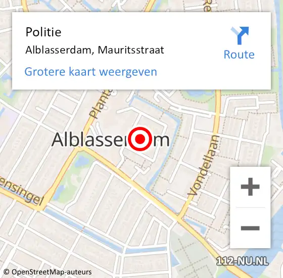 Locatie op kaart van de 112 melding: Politie Alblasserdam, Mauritsstraat op 9 september 2022 09:18