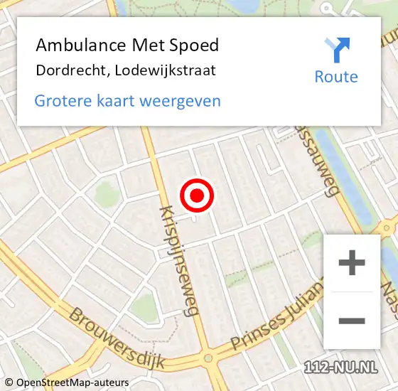 Locatie op kaart van de 112 melding: Ambulance Met Spoed Naar Dordrecht, Lodewijkstraat op 9 september 2022 10:37