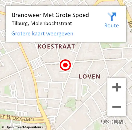 Locatie op kaart van de 112 melding: Brandweer Met Grote Spoed Naar Tilburg, Molenbochtstraat op 9 september 2022 11:47