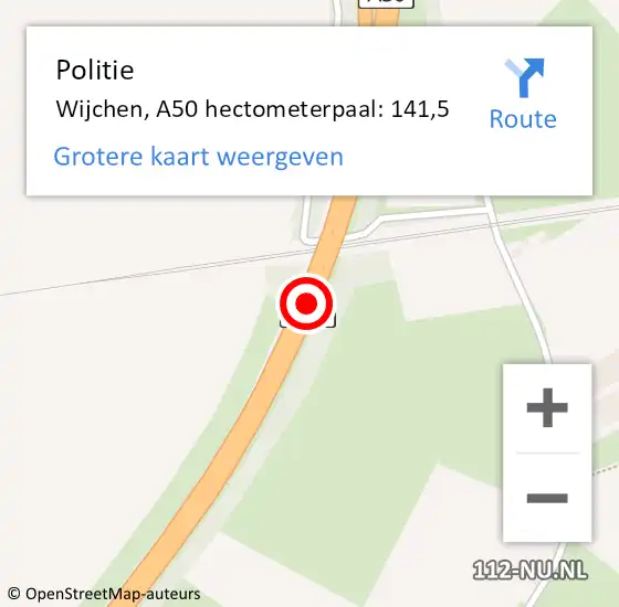 Locatie op kaart van de 112 melding: Politie Wijchen, A50 hectometerpaal: 141,5 op 9 september 2022 14:09