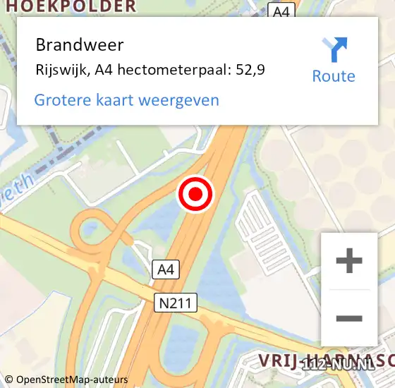 Locatie op kaart van de 112 melding: Brandweer Rijswijk, A4 hectometerpaal: 52,9 op 9 september 2022 14:44