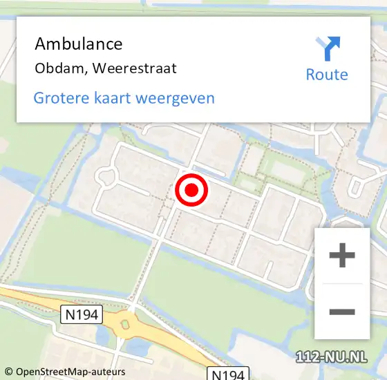 Locatie op kaart van de 112 melding: Ambulance Obdam, Weerestraat op 9 september 2022 15:05