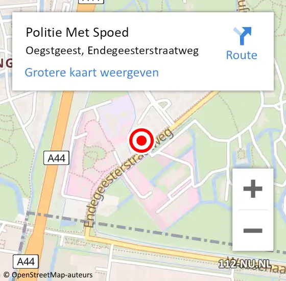 Locatie op kaart van de 112 melding: Politie Met Spoed Naar Oegstgeest, Endegeesterstraatweg op 9 september 2022 15:29