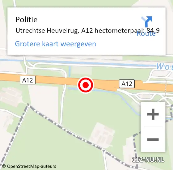 Locatie op kaart van de 112 melding: Politie Utrechtse Heuvelrug, A12 hectometerpaal: 84,9 op 9 september 2022 16:17
