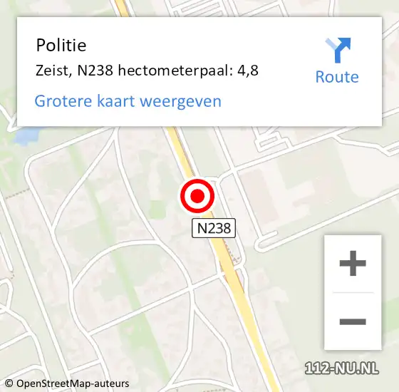 Locatie op kaart van de 112 melding: Politie Zeist, N238 hectometerpaal: 4,8 op 9 september 2022 16:37