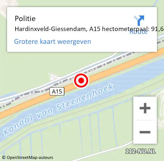 Locatie op kaart van de 112 melding: Politie Hardinxveld-Giessendam, A15 hectometerpaal: 91,6 op 9 september 2022 17:44