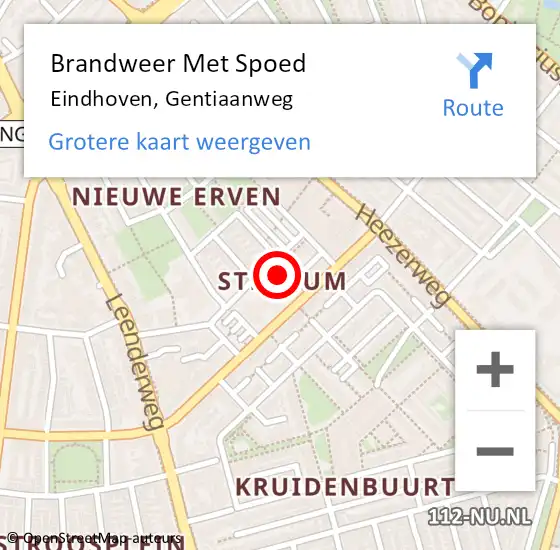 Locatie op kaart van de 112 melding: Brandweer Met Spoed Naar Eindhoven, Gentiaanweg op 9 september 2022 17:50