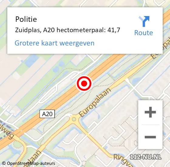 Locatie op kaart van de 112 melding: Politie Zuidplas, A20 hectometerpaal: 41,7 op 9 september 2022 18:43